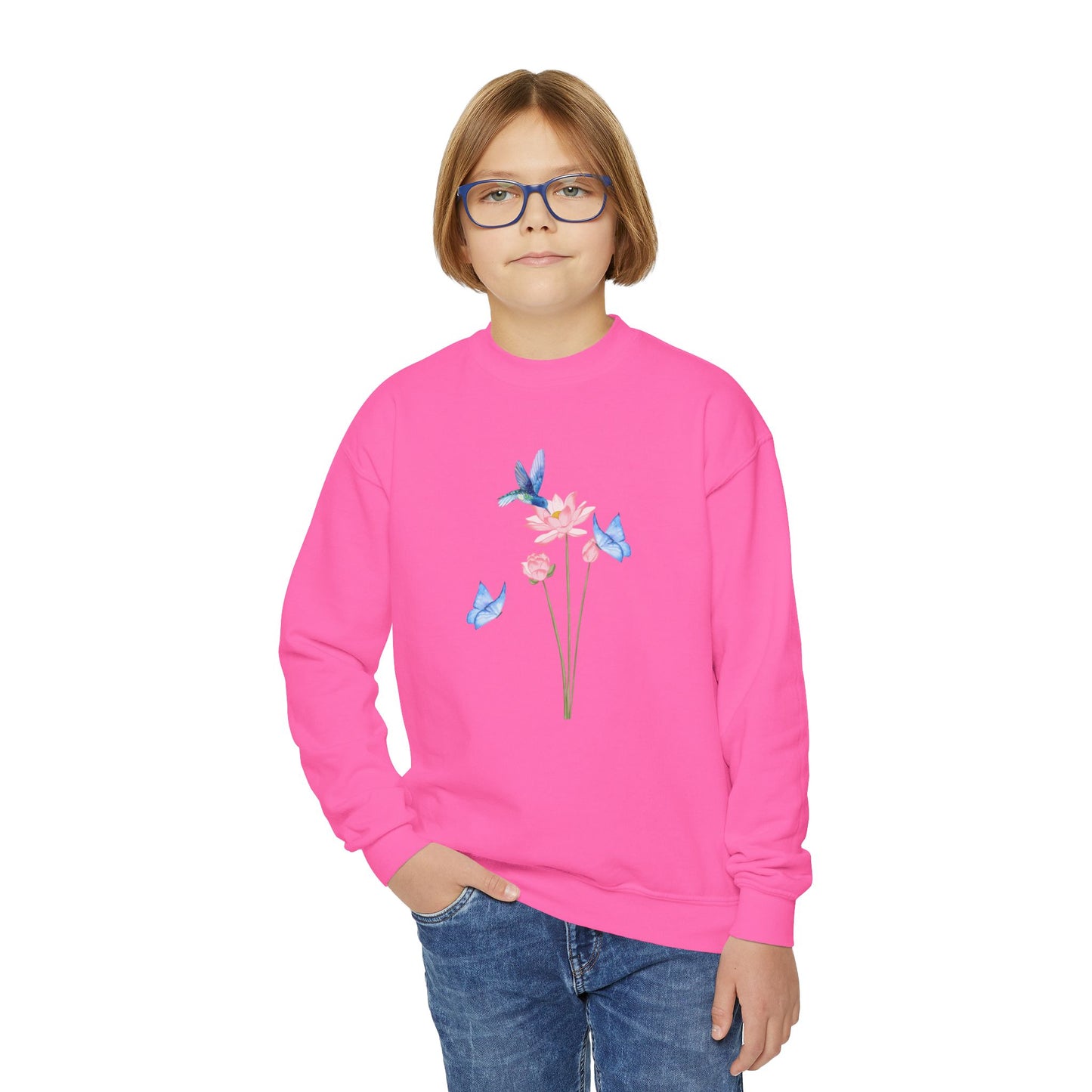 Youth Crewneck Hummingbird Blue Butterfly Sweatshirt