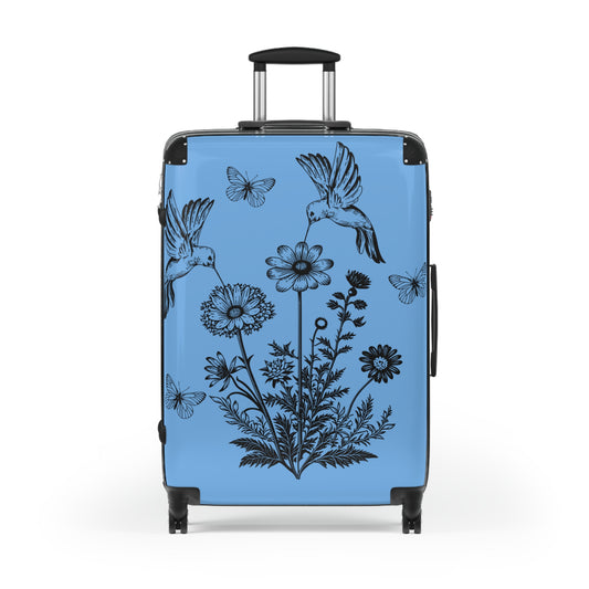 Suitcase - Light Blue with Flowers, Hummingbirds, and Butterflies, In-Built Lock and 360 Degree Wheels