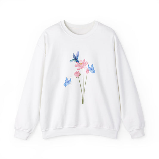 Floral Hummingbird Blue Butterfly Sweatshirt