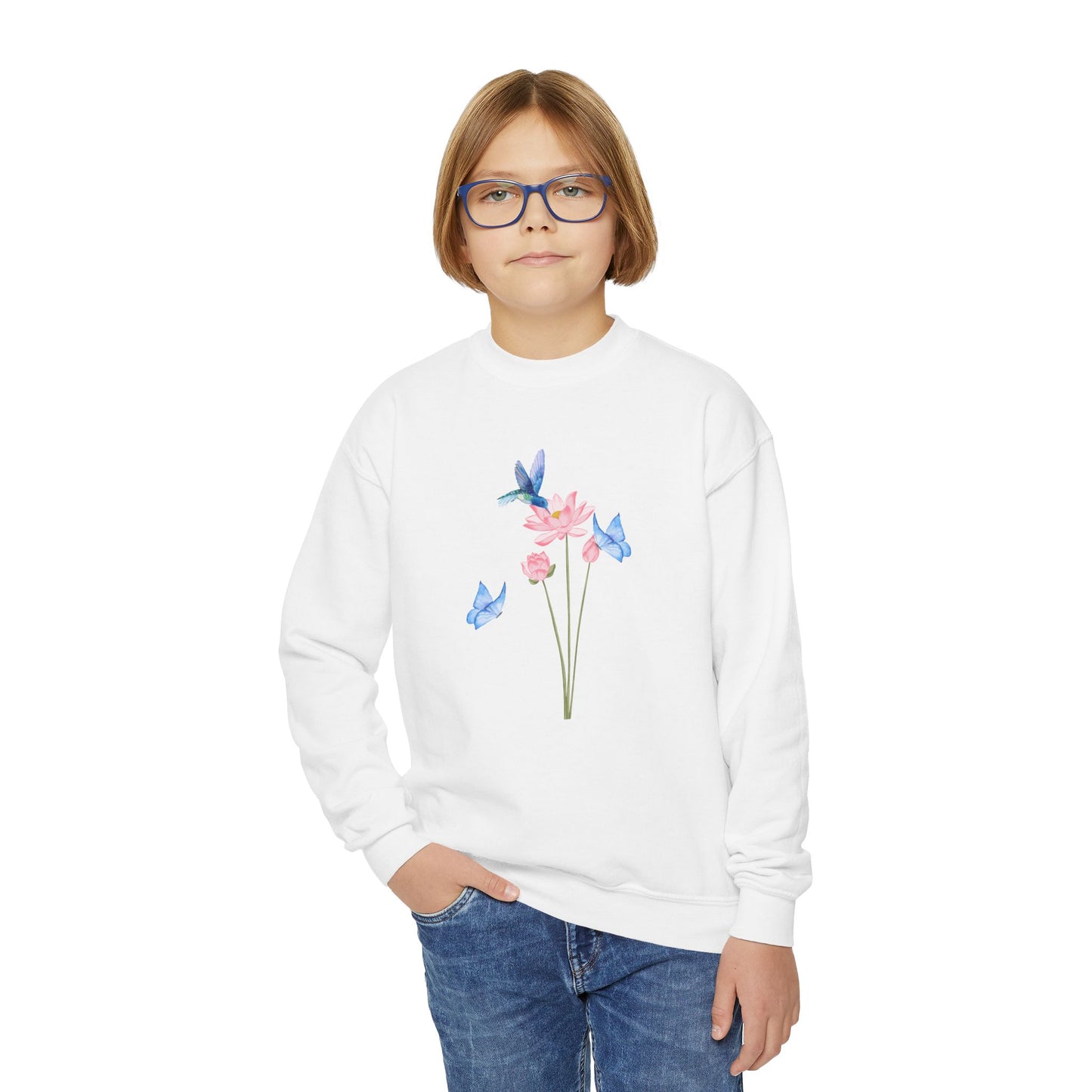 Youth Crewneck Hummingbird Blue Butterfly Sweatshirt