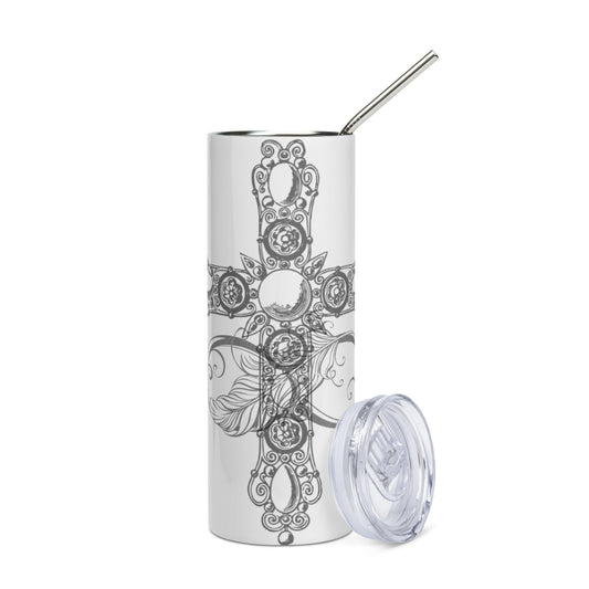 White stainless steel tumbler, cross design, twinflame design